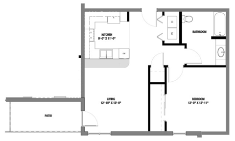 Floor plan for 1 bed, 1 bath, 685 sqft